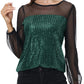 Anna-Kaci Women's Long Sleeve Sequin Blouse Sheer Mesh Top Sparkly Shirt for Holiday Party