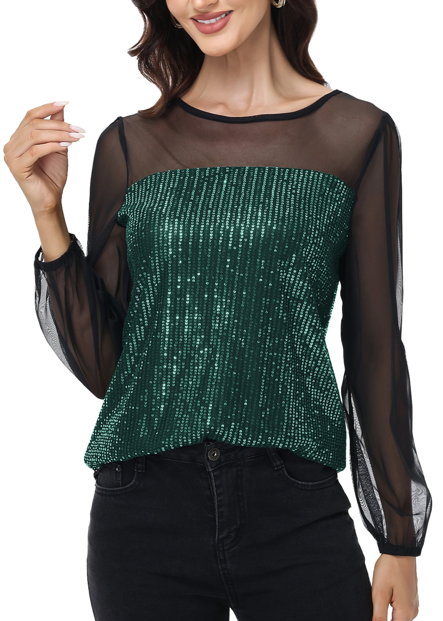 Anna-Kaci Women's Long Sleeve Sequin Blouse Sheer Mesh Top Sparkly Shirt for Holiday Party