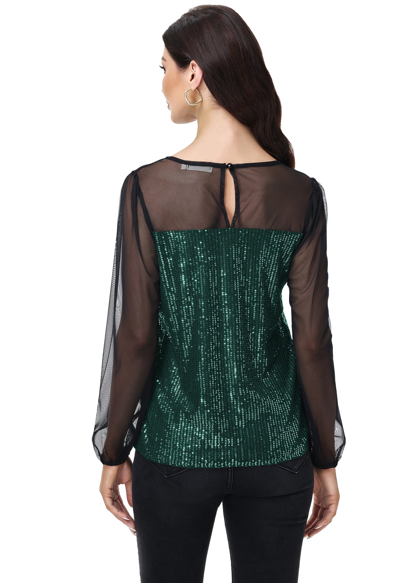 Anna-Kaci Women's Long Sleeve Sequin Blouse Sheer Mesh Top Sparkly Shirt for Holiday Party