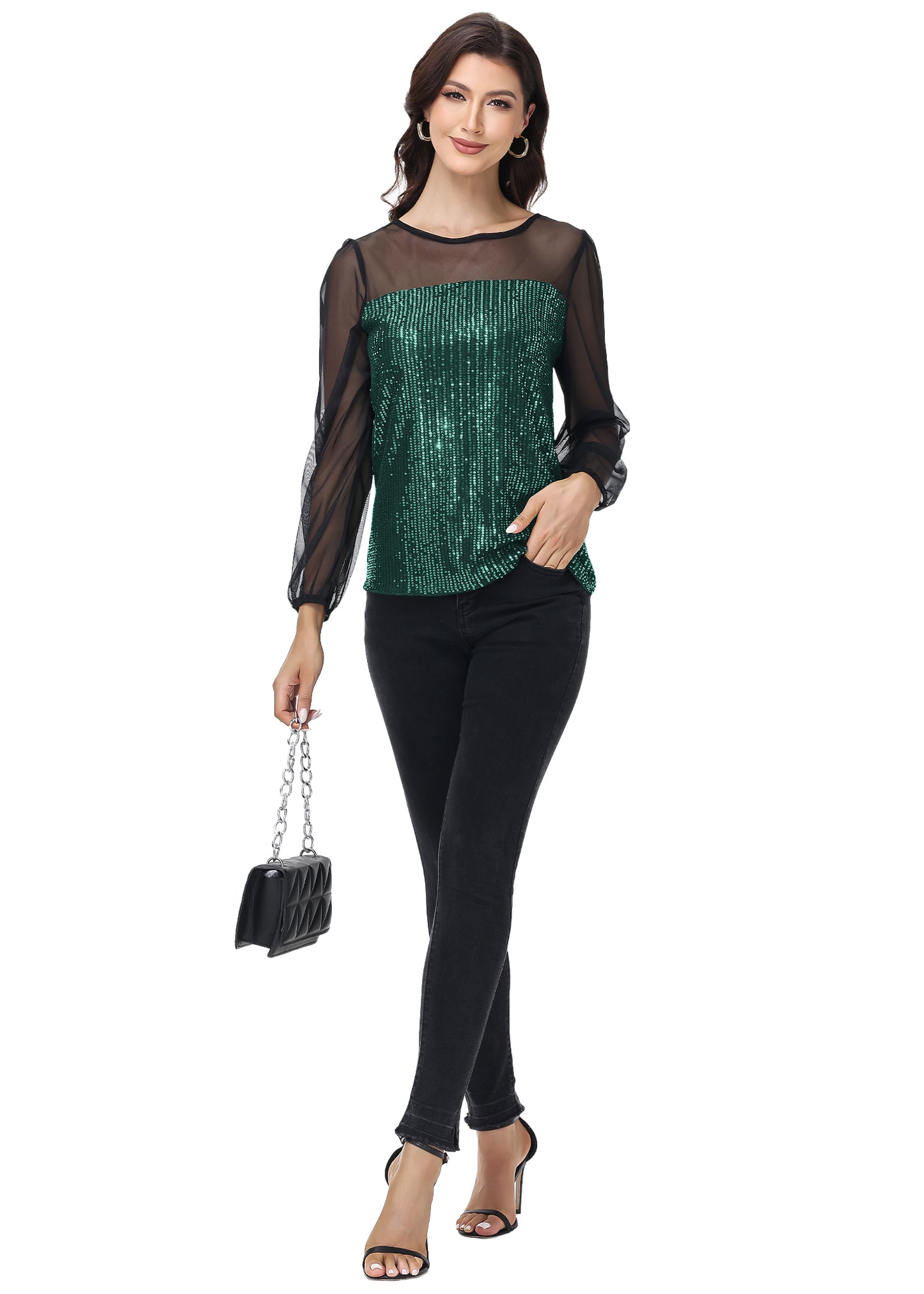 Anna-Kaci Women's Long Sleeve Sequin Blouse Sheer Mesh Top Sparkly Shirt for Holiday Party