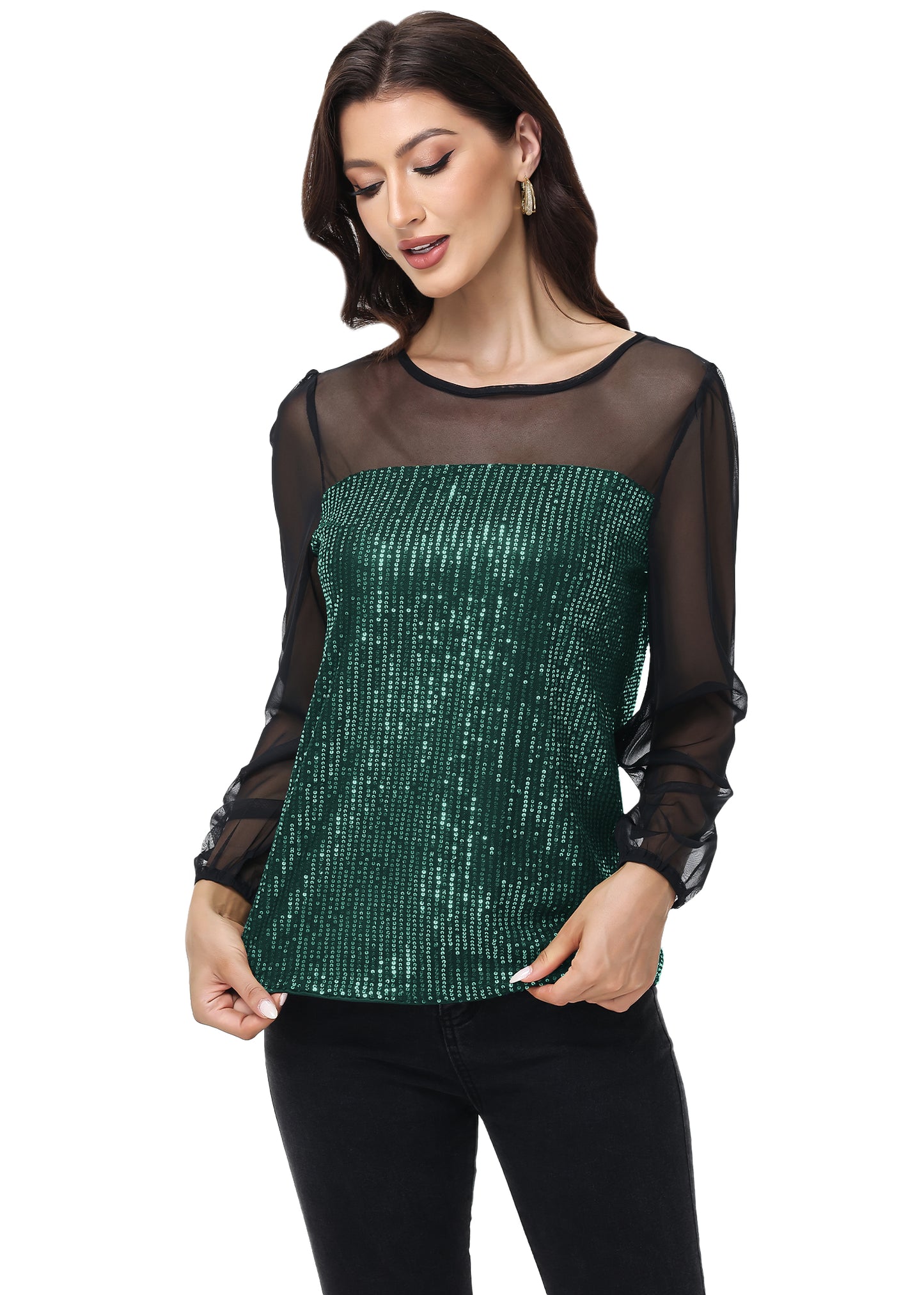 Anna-Kaci Women's Long Sleeve Sequin Blouse Sheer Mesh Top Sparkly Shirt for Holiday Party