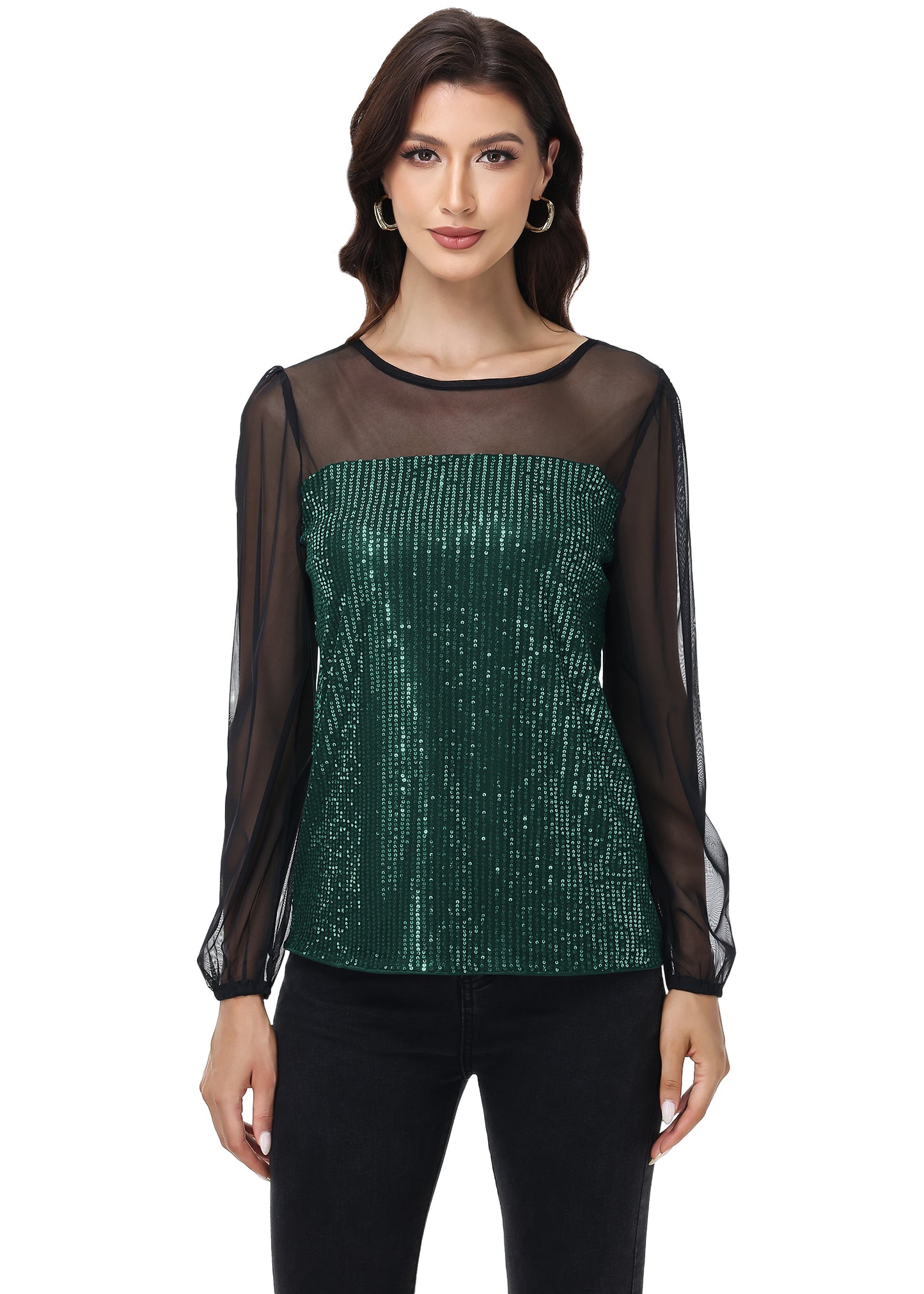 Anna-Kaci Women's Long Sleeve Sequin Blouse Sheer Mesh Top Sparkly Shirt for Holiday Party