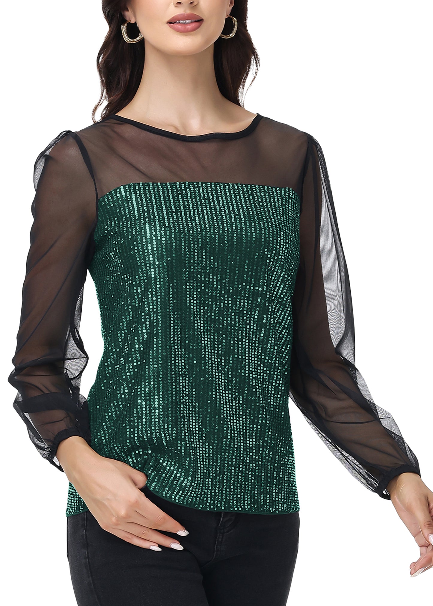 Anna-Kaci Women's Long Sleeve Sequin Blouse Sheer Mesh Top Sparkly Shirt for Holiday Party