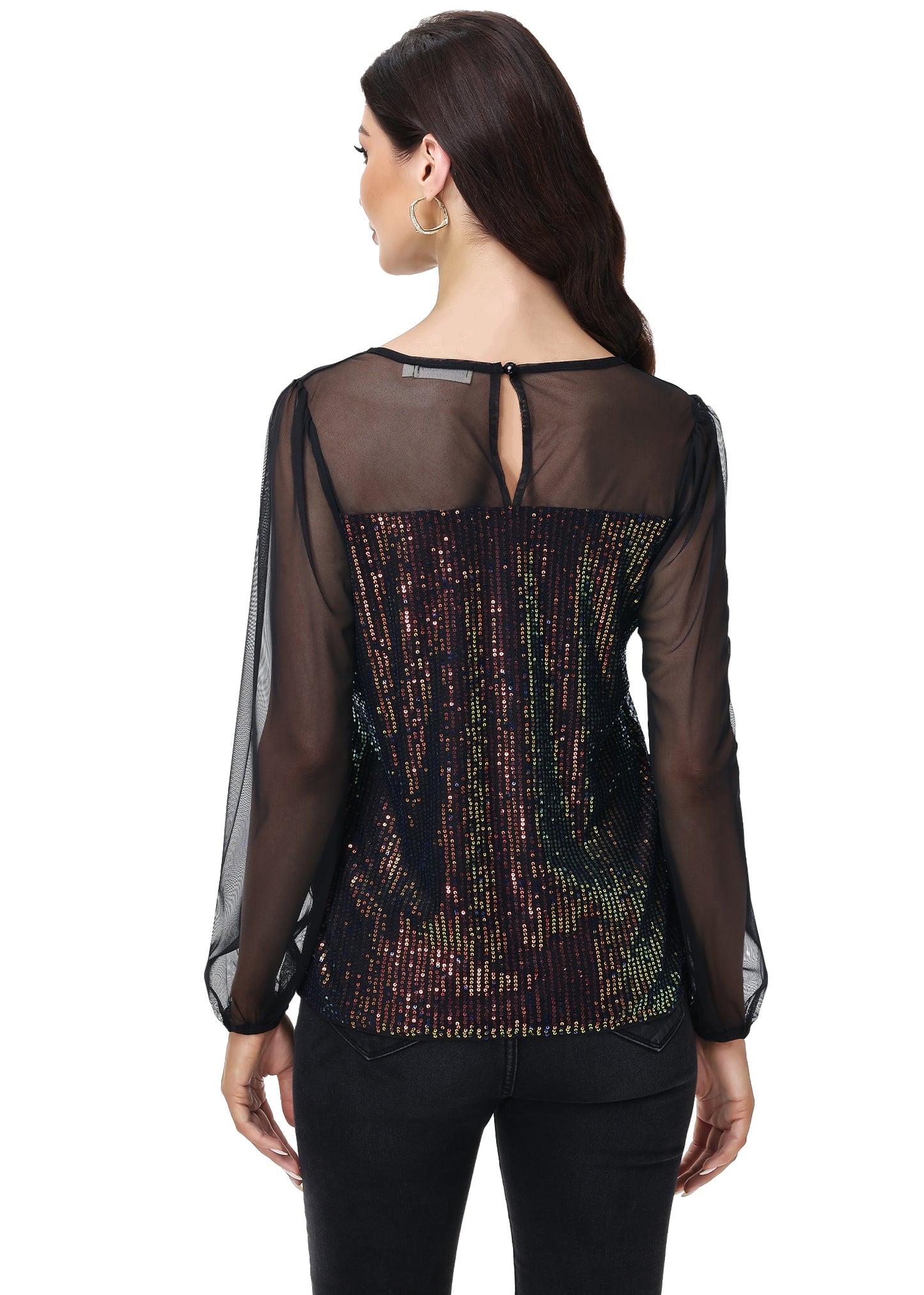 Anna-Kaci Women's Long Sleeve Sequin Blouse Sheer Mesh Top Sparkly Shirt for Holiday Party