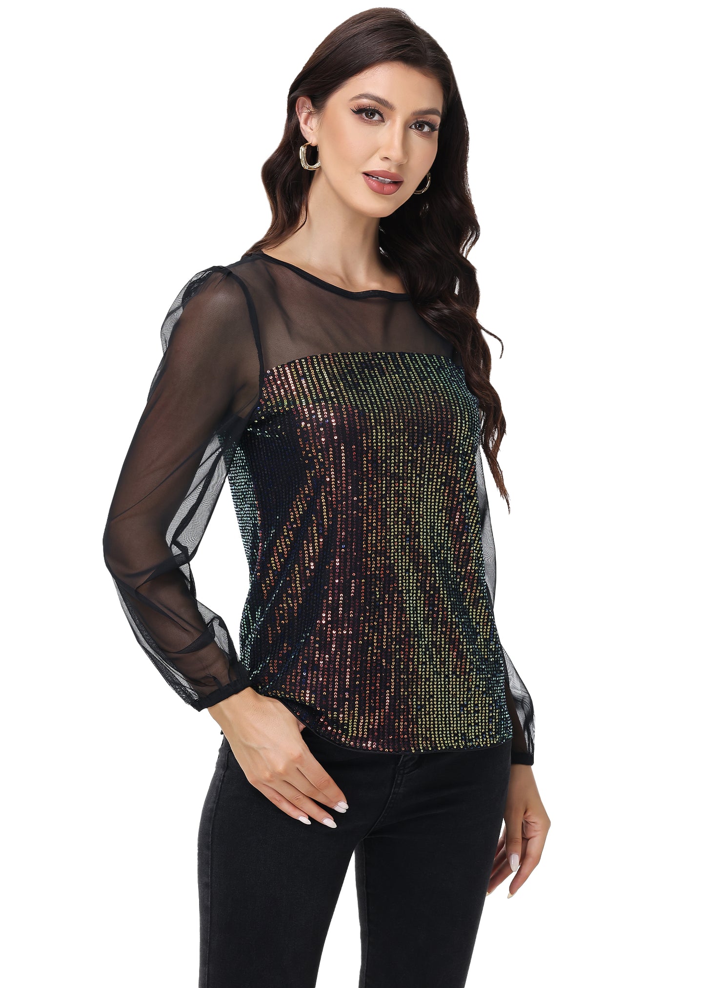 Anna-Kaci Women's Long Sleeve Sequin Blouse Sheer Mesh Top Sparkly Shirt for Holiday Party