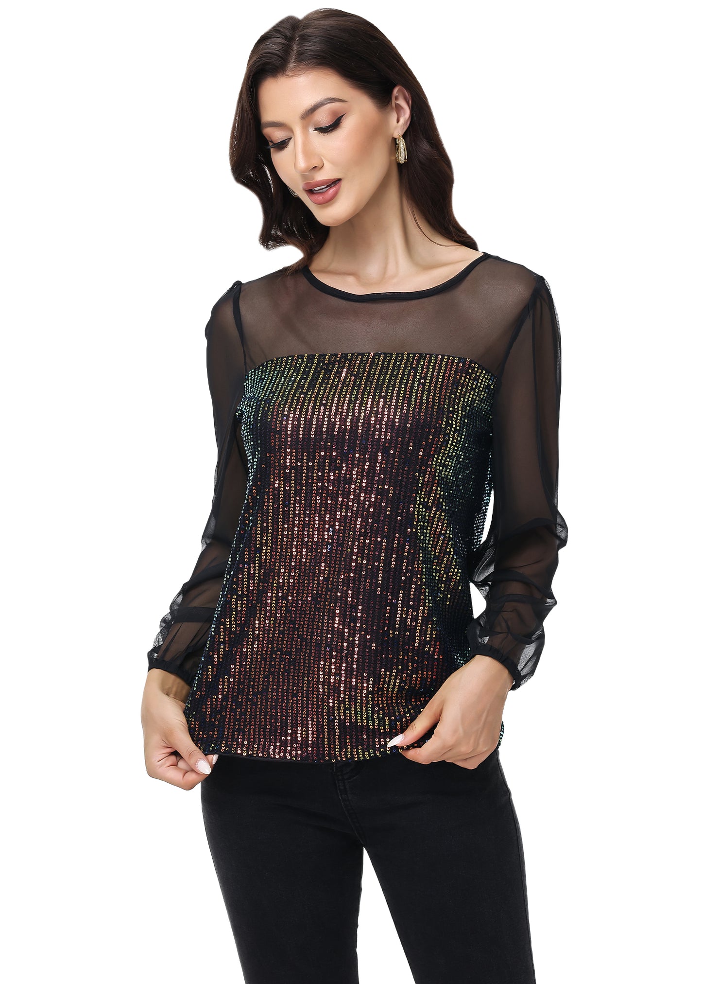 Anna-Kaci Women's Long Sleeve Sequin Blouse Sheer Mesh Top Sparkly Shirt for Holiday Party