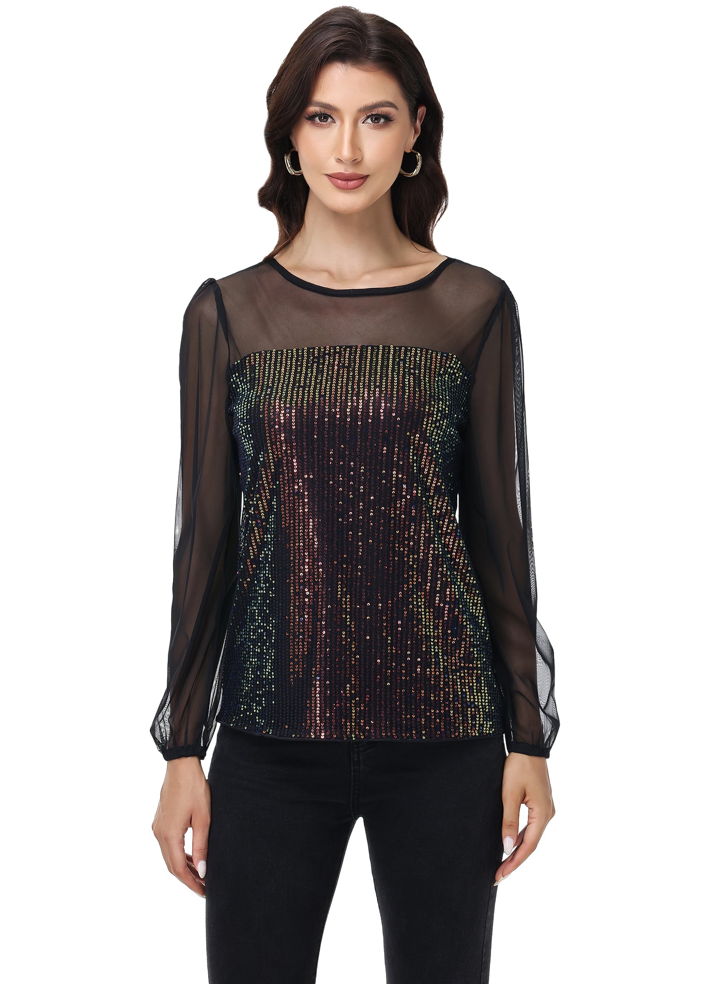 Anna-Kaci Women's Long Sleeve Sequin Blouse Sheer Mesh Top Sparkly Shirt for Holiday Party