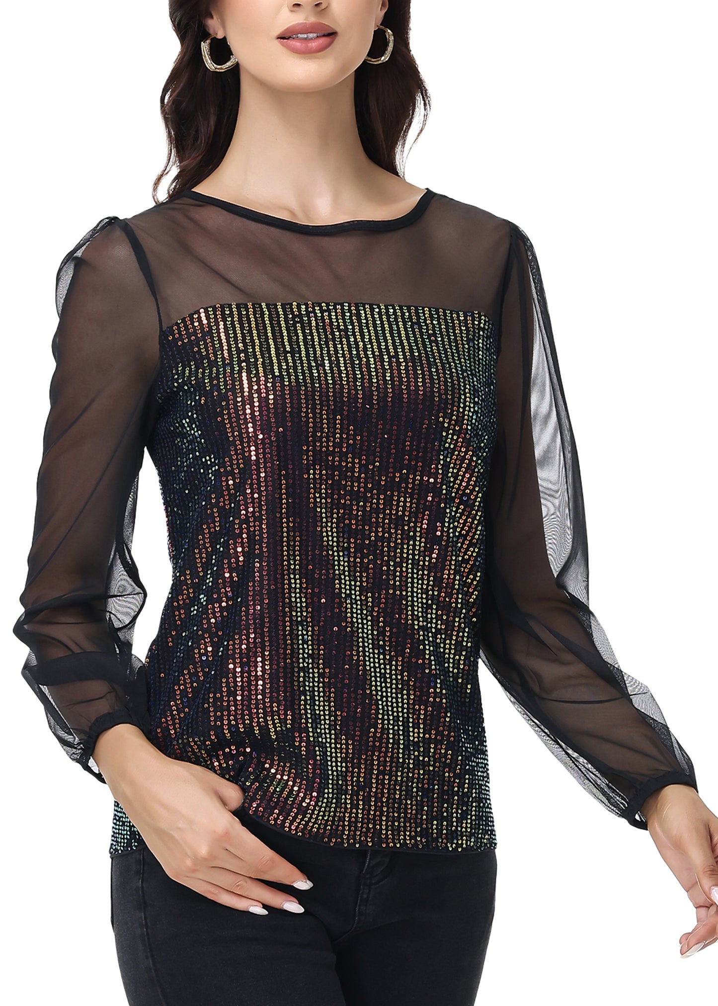 Anna-Kaci Women's Long Sleeve Sequin Blouse Sheer Mesh Top Sparkly Shirt for Holiday Party