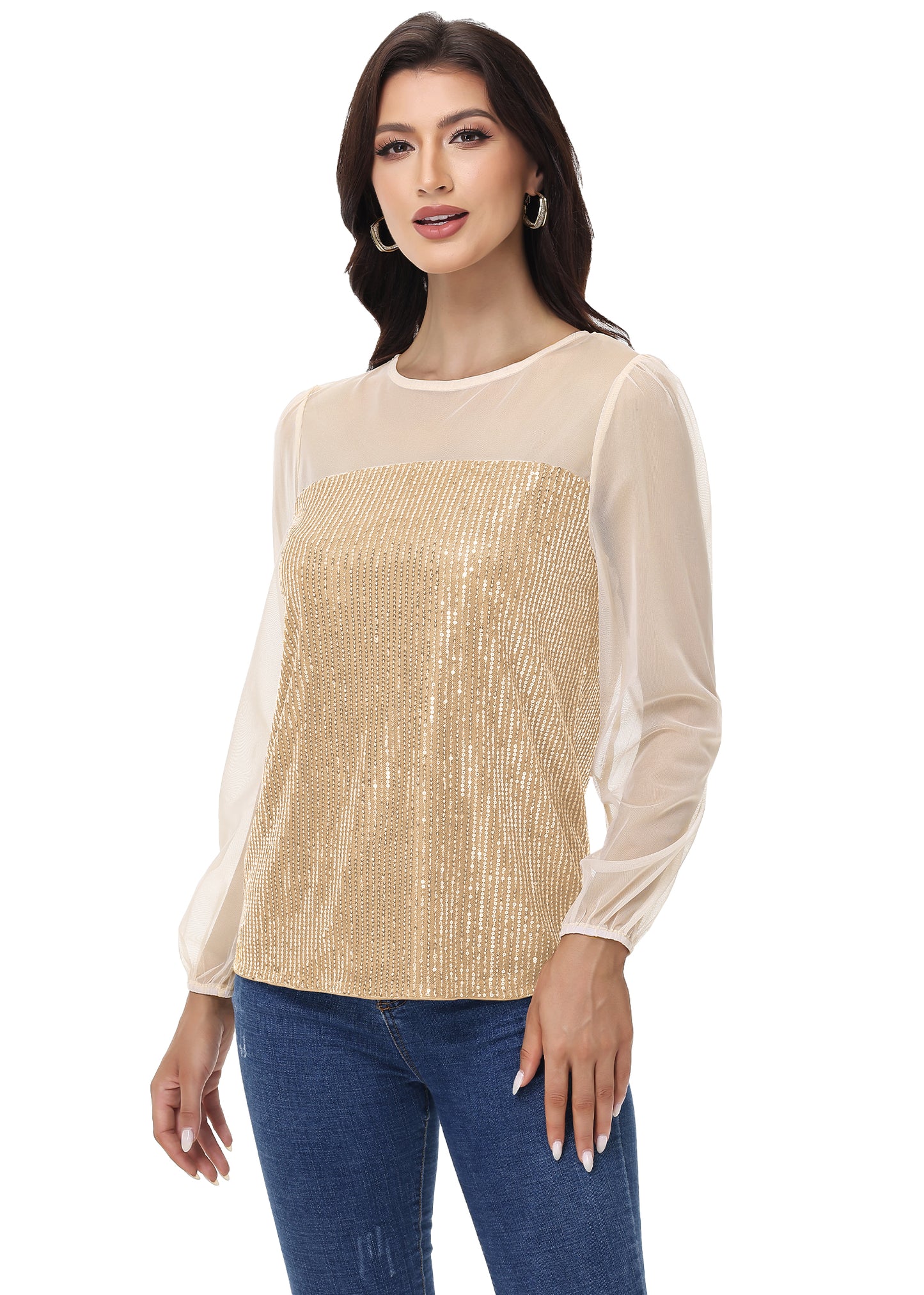 Anna-Kaci Women's Long Sleeve Sequin Blouse Sheer Mesh Top Sparkly Shirt for Holiday Party