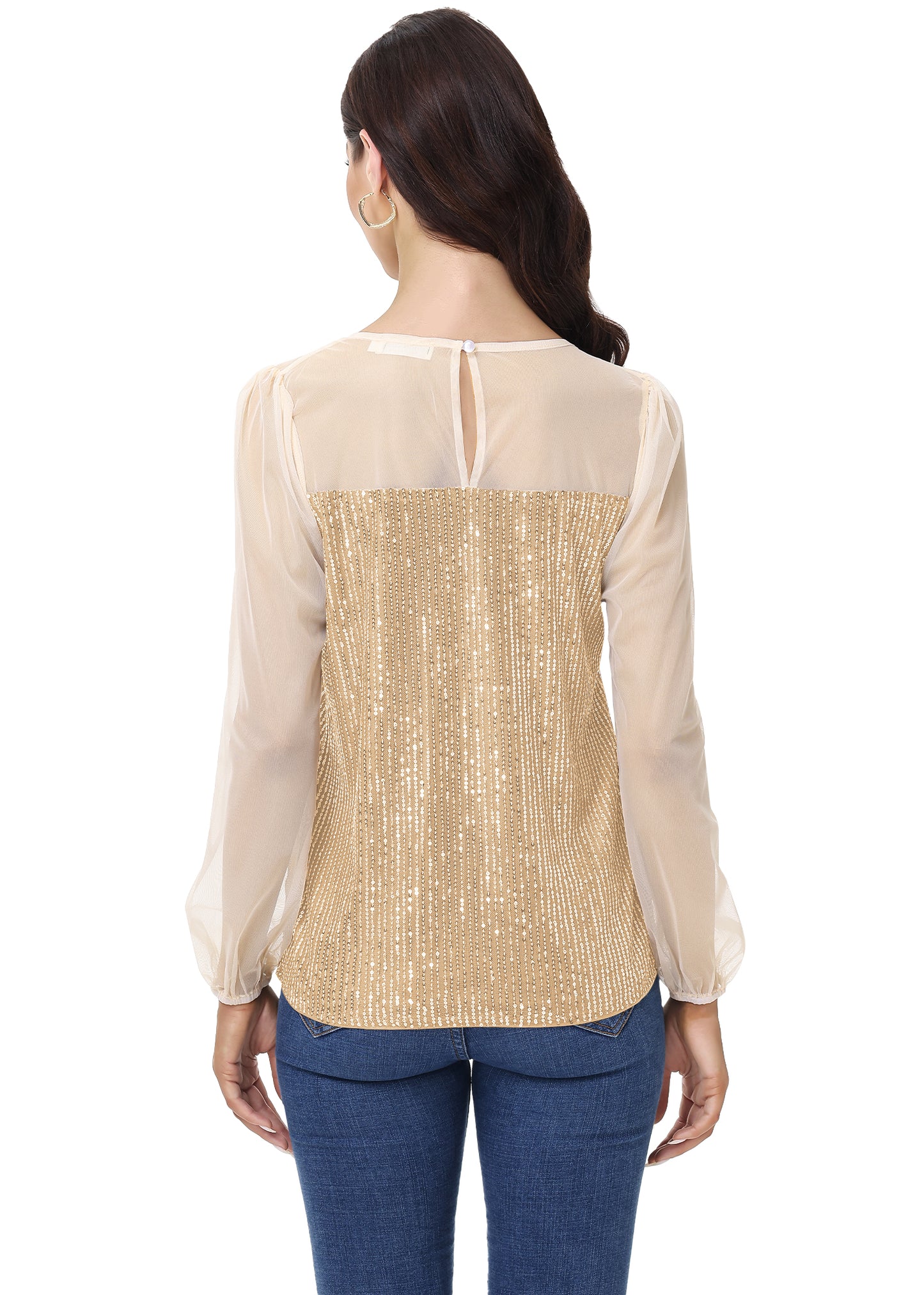 Anna-Kaci Women's Long Sleeve Sequin Blouse Sheer Mesh Top Sparkly Shirt for Holiday Party