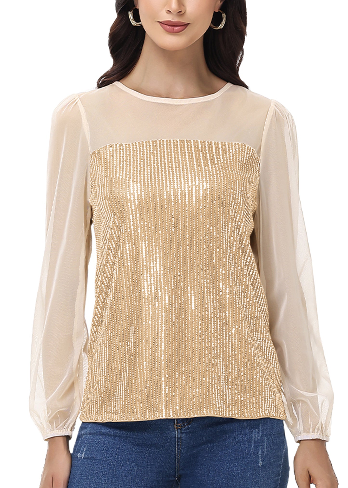 Anna-Kaci Women's Long Sleeve Sequin Blouse Sheer Mesh Top Sparkly Shirt for Holiday Party