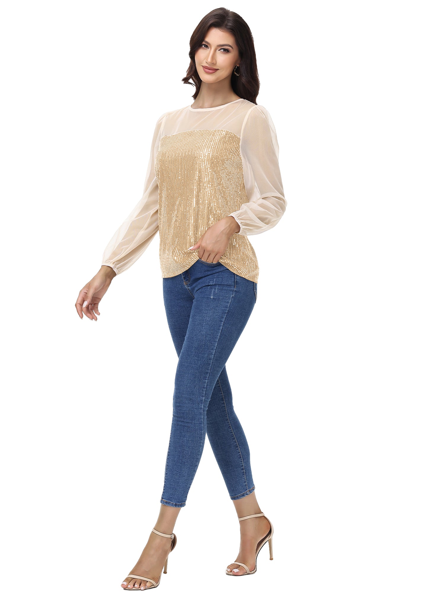 Anna-Kaci Women's Long Sleeve Sequin Blouse Sheer Mesh Top Sparkly Shirt for Holiday Party