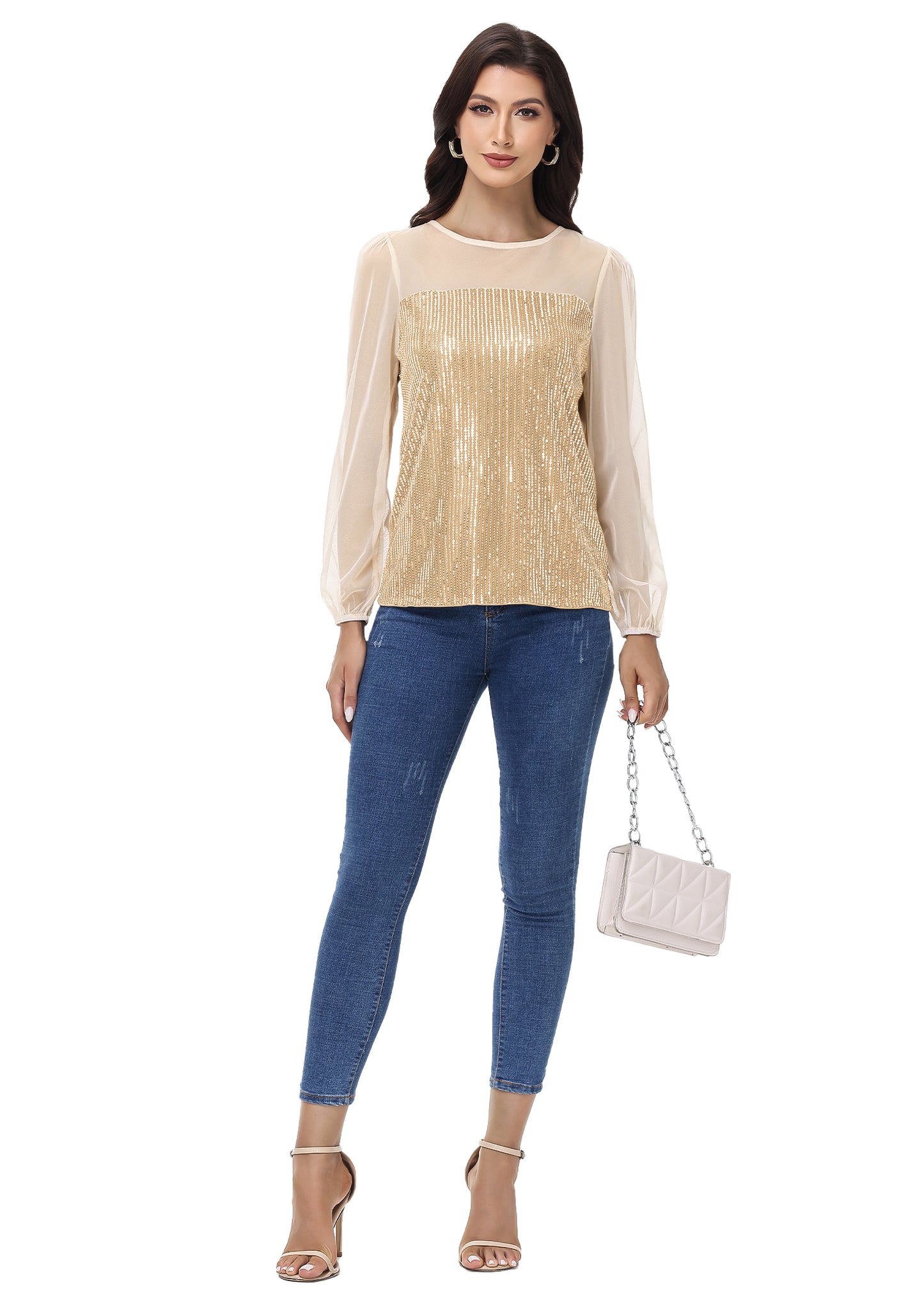 Anna-Kaci Women's Long Sleeve Sequin Blouse Sheer Mesh Top Sparkly Shirt for Holiday Party