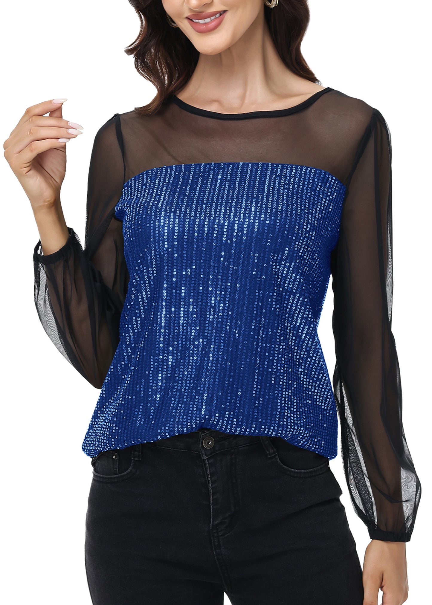 Anna-Kaci Women's Long Sleeve Sequin Blouse Sheer Mesh Top Sparkly Shirt for Holiday Party