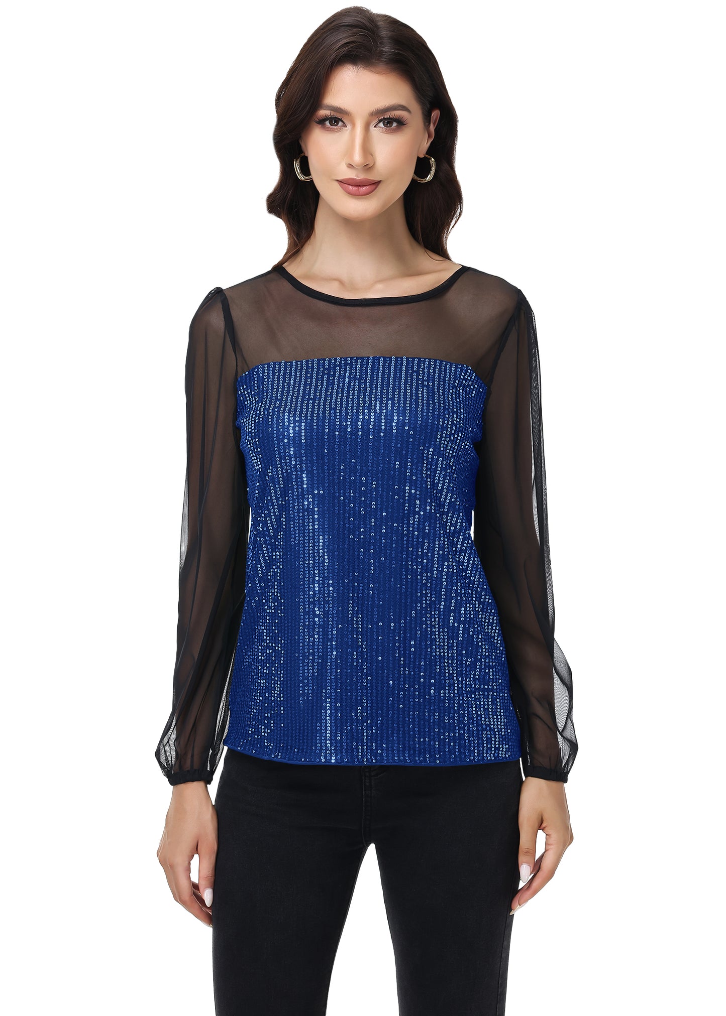 Anna-Kaci Women's Long Sleeve Sequin Blouse Sheer Mesh Top Sparkly Shirt for Holiday Party