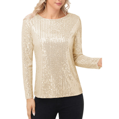 Anna-Kaci Women's Long Sleeve Sequin Top with Crew Neck and Fitted Silhouette
