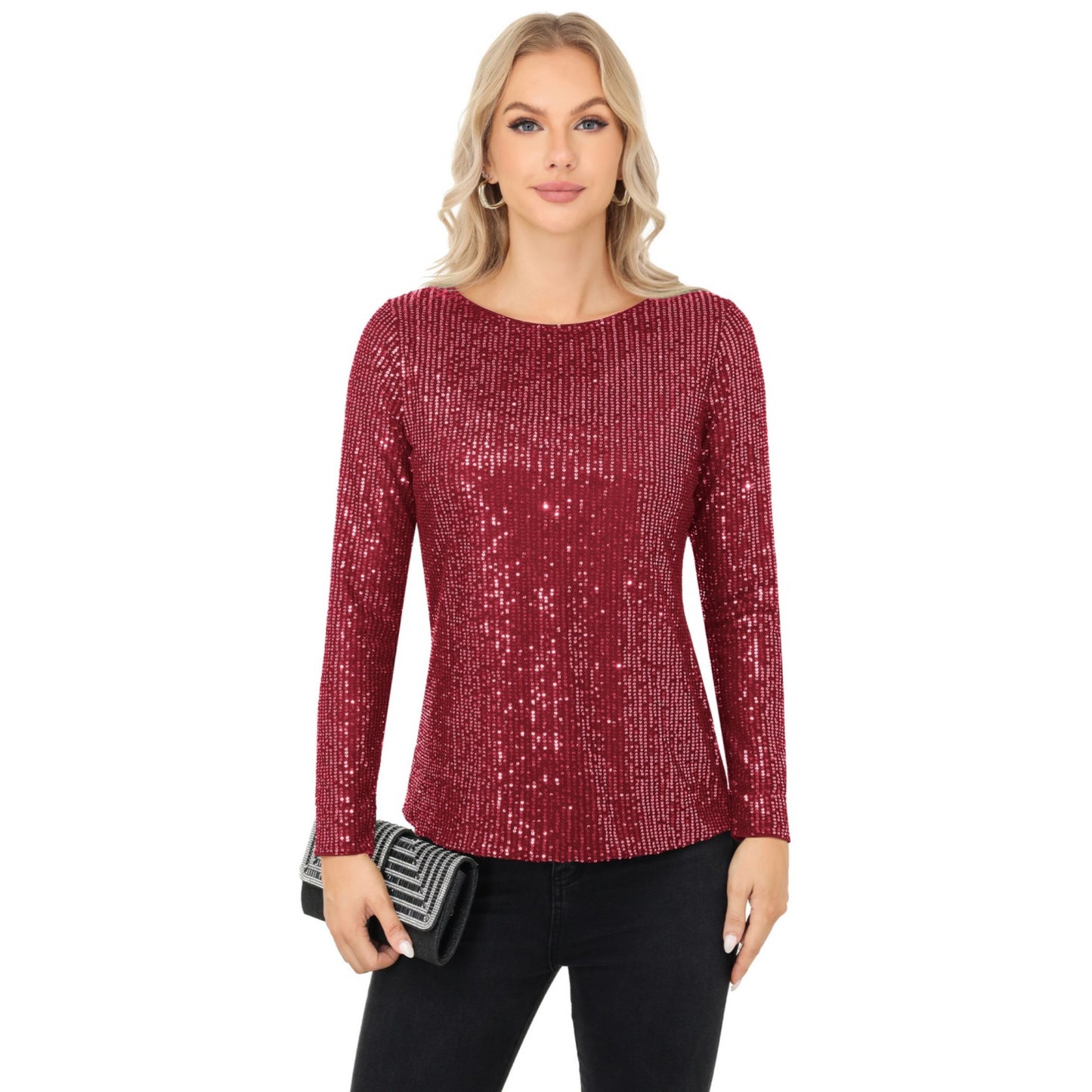 Anna-Kaci Women's Long Sleeve Sequin Top with Crew Neck and Fitted Silhouette