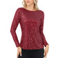 Anna-Kaci Women's Long Sleeve Sequin Top with Crew Neck and Fitted Silhouette