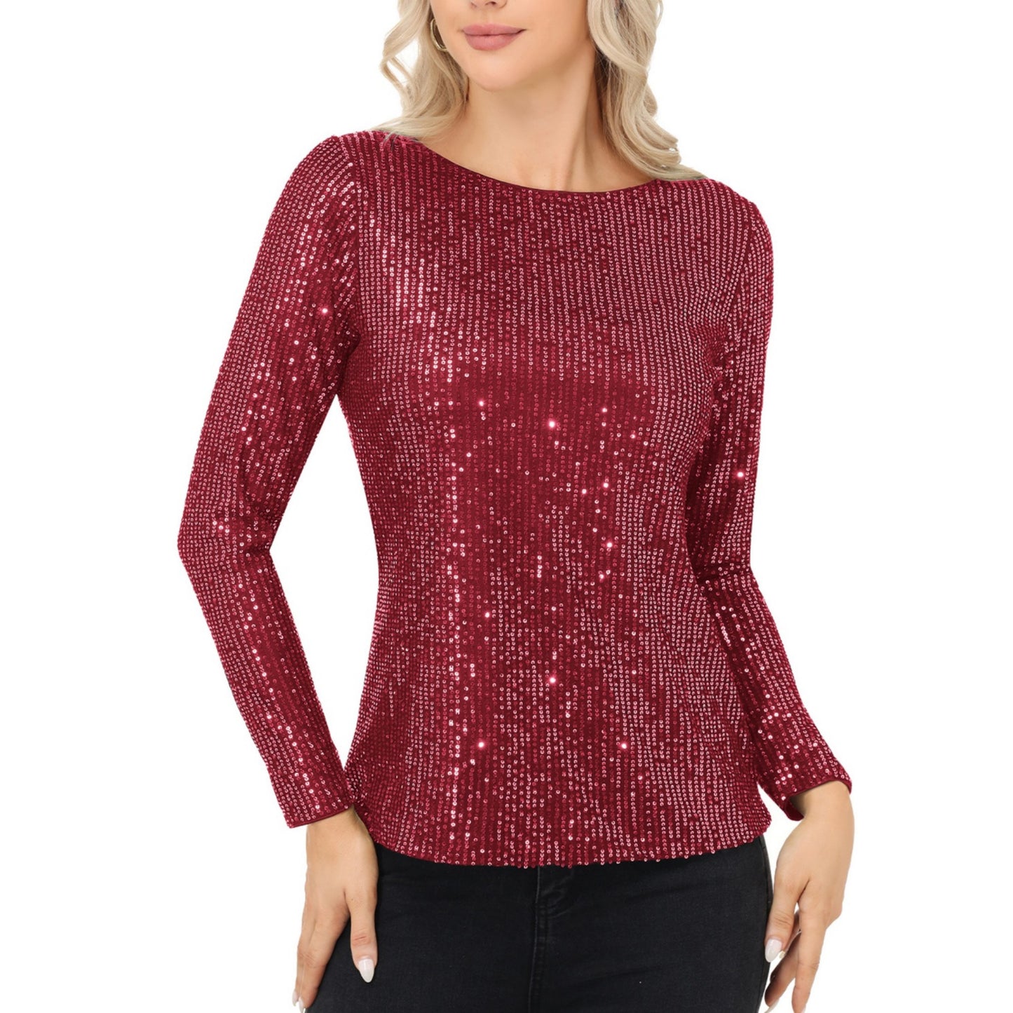 Anna-Kaci Women's Long Sleeve Sequin Top with Crew Neck and Fitted Silhouette