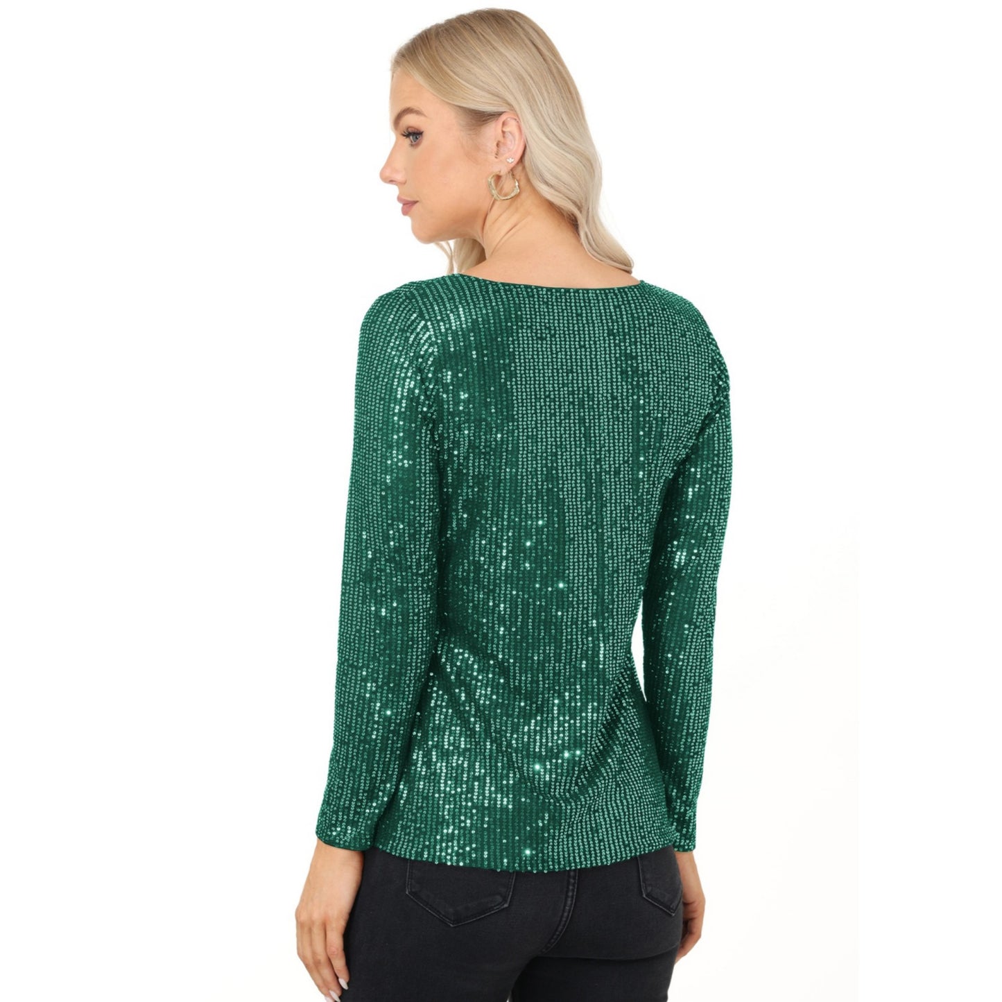 Anna-Kaci Women's Long Sleeve Sequin Top with Crew Neck and Fitted Silhouette