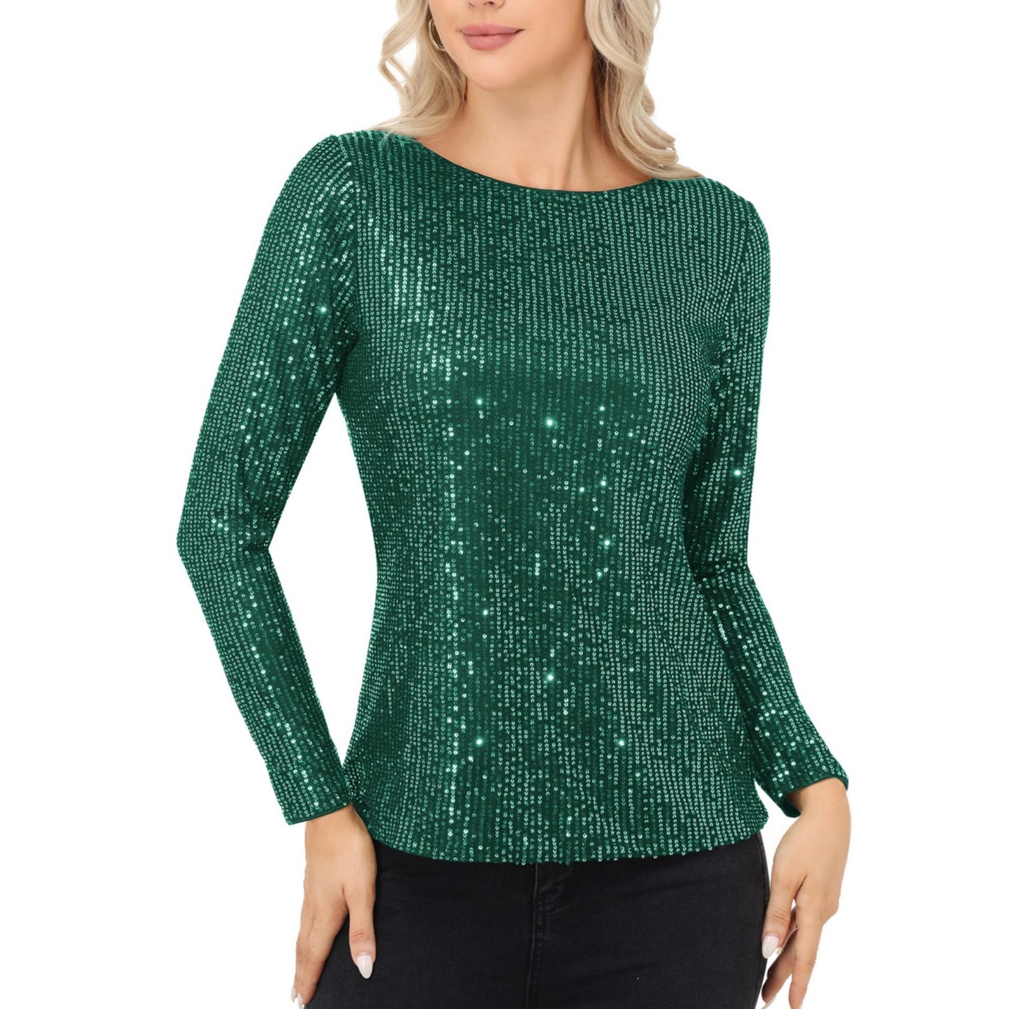 Anna-Kaci Women's Long Sleeve Sequin Top with Crew Neck and Fitted Silhouette