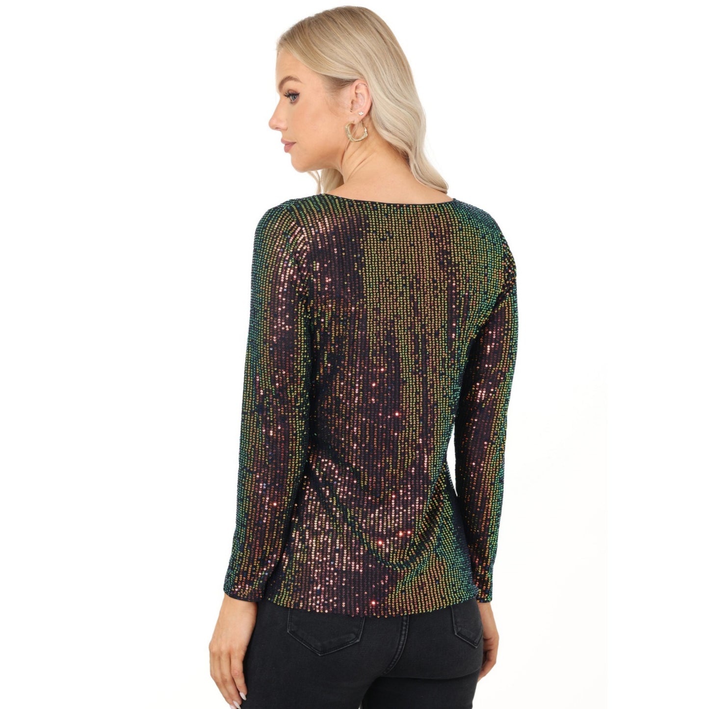 Anna-Kaci Women's Long Sleeve Sequin Top with Crew Neck and Fitted Silhouette
