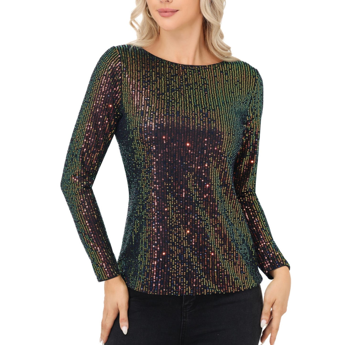 Anna-Kaci Women's Long Sleeve Sequin Top with Crew Neck and Fitted Silhouette