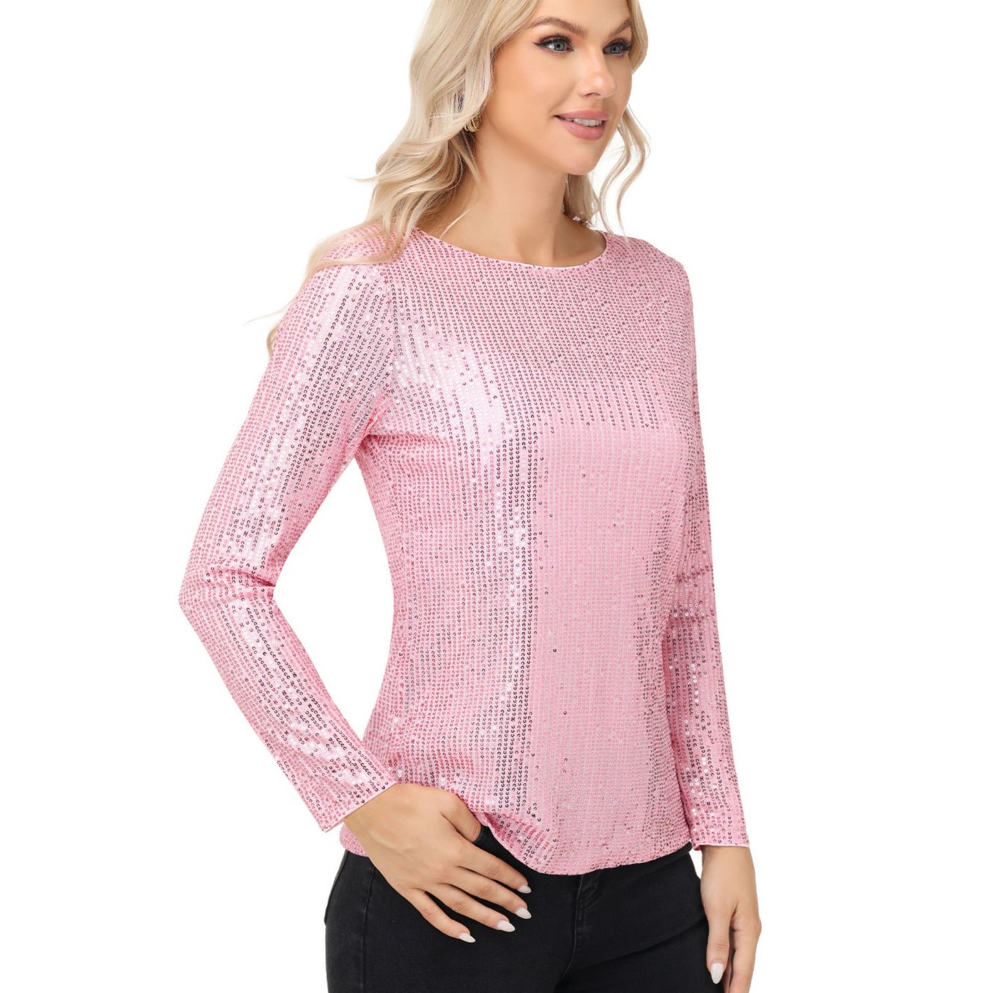 Anna-Kaci Women's Long Sleeve Sequin Top with Crew Neck and Fitted Silhouette