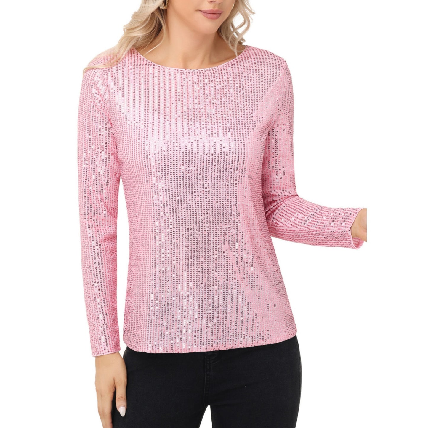 Anna-Kaci Women's Long Sleeve Sequin Top with Crew Neck and Fitted Silhouette
