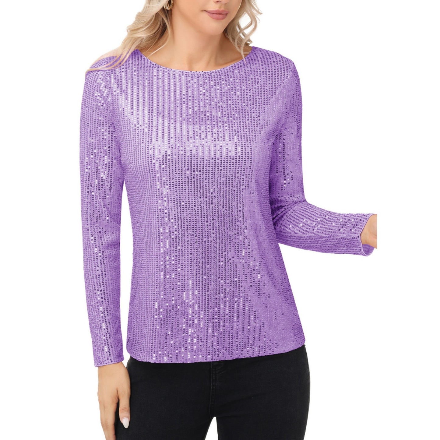 Anna-Kaci Women's Long Sleeve Sequin Top with Crew Neck and Fitted Silhouette