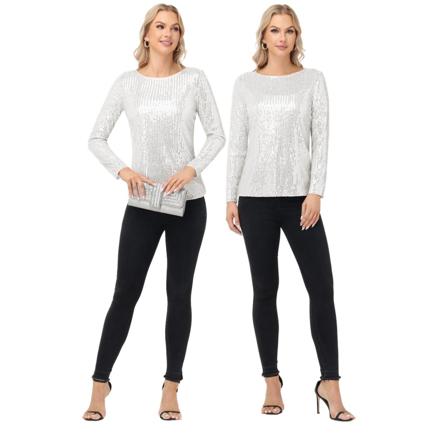 Anna-Kaci Women's Long Sleeve Sequin Top with Crew Neck and Fitted Silhouette