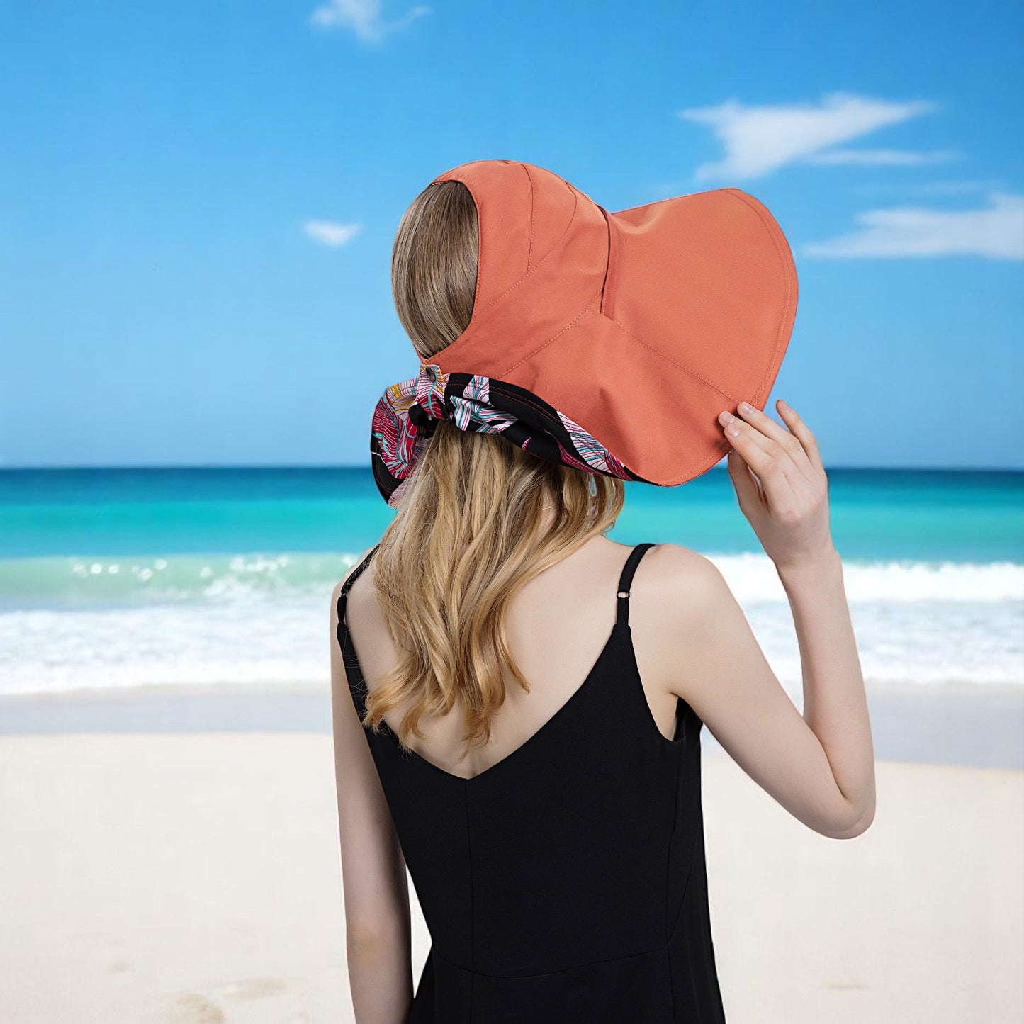 Anna-Kaci Wide Brim Sun Hat with Ponytail Hole Neck Tie Closure and Patterned Lining for UV Protection and Outdoor Style