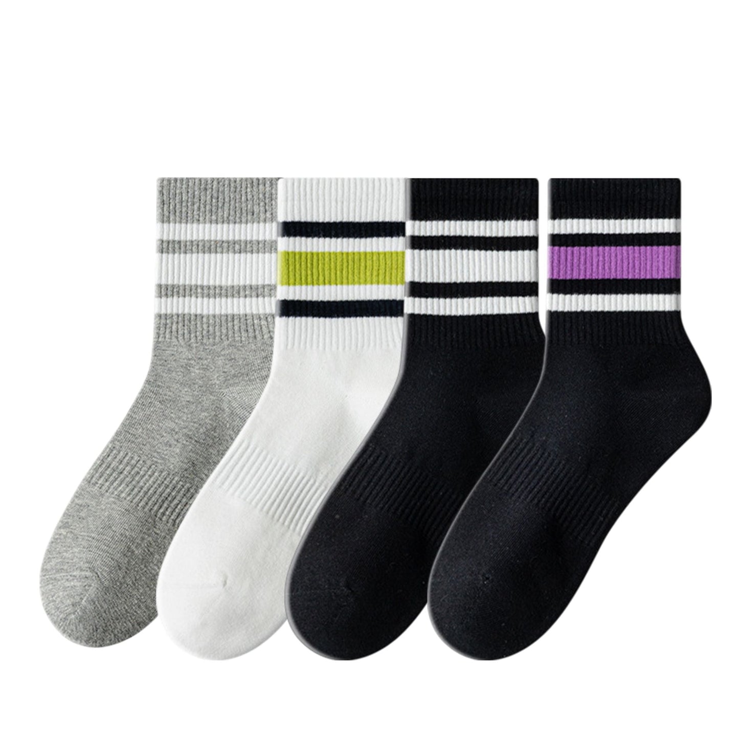 Anna-Kaci Crew Socks 4-Pack White Base Colorful Ribbed Cuff Striped Design Stretch Comfort Breathable Fit
