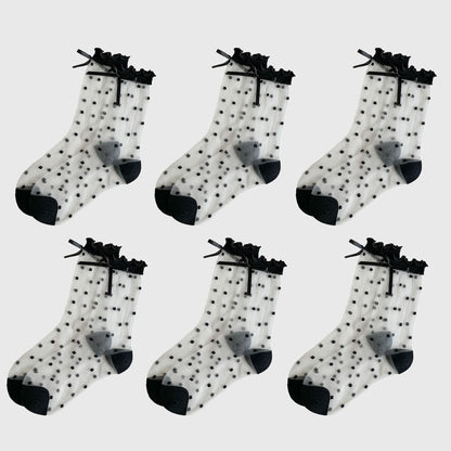 Anna-Kaci Women's Sheer Polka Dot Ankle Socks with Bow Detail 6pk
