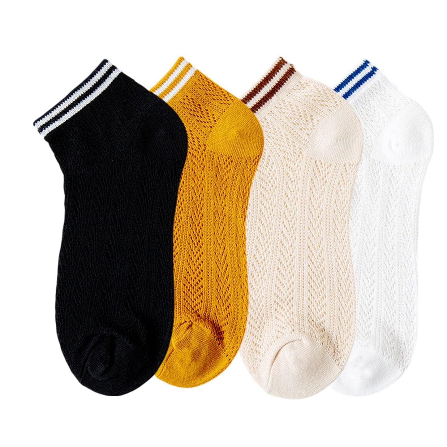 Anna-Kaci Women's 4-Pair Pack Lightweight Mesh Ankle Socks with Striped Cuffs Breathable Knit Texture
