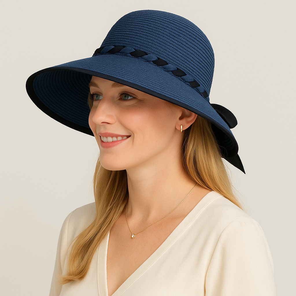 Anna-Kaci Women's Wide Brim Straw Hat with Braided Band and Contrast Bow Detail