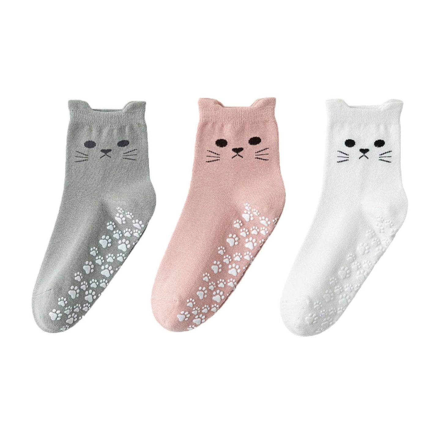 Anna-Kaci Women's Cat Face Grip Socks with Paw Print Anti-Slip Sole Soft Knit Ankle Socks for Home or Yoga 3-Pack