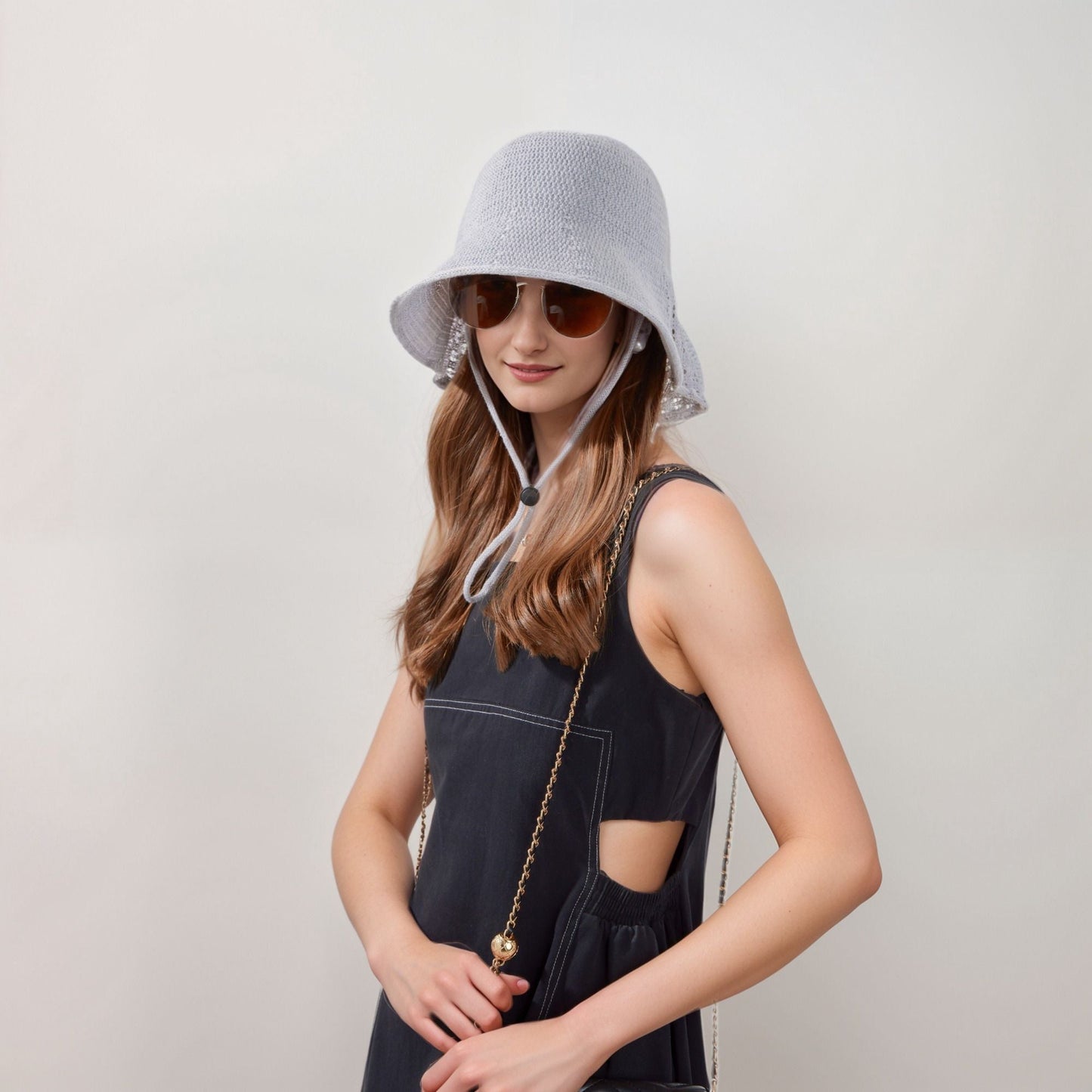 Anna-Kaci Crochet Bucket Hat with Adjustable Chin Strap and Back Button Eyelet Panel for Sun Protection