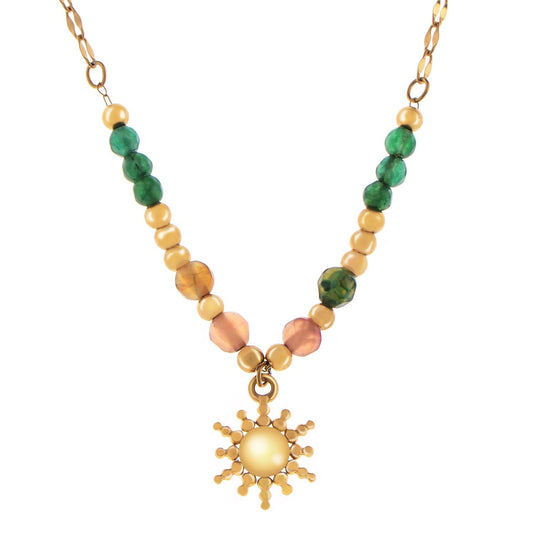 Women's Stainless Steel Beaded Necklace with 18K Gold Plated Sun Pendant, Adjustable Chain, Unique Design with Colorful Beads