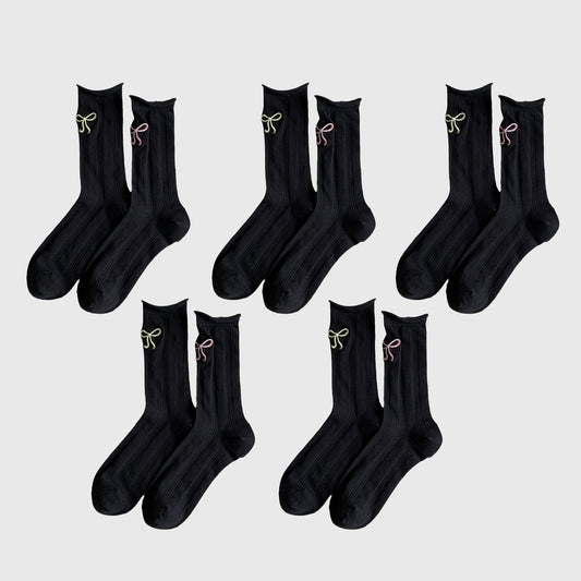 Anna-Kaci Adorable Women's Bow-Embroidered Ribbed Ankle Socks 5Pk