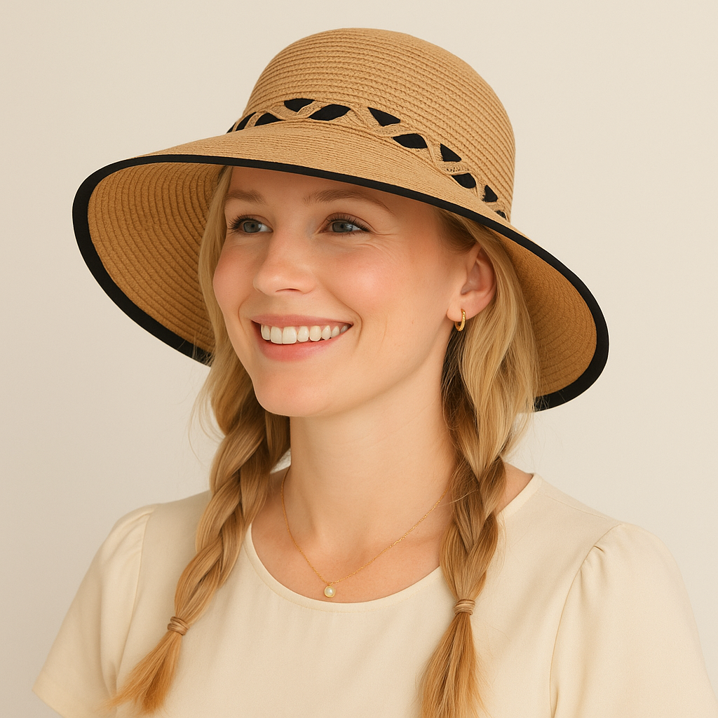 Anna-Kaci Women's Wide Brim Straw Hat with Braided Band and Contrast Bow Detail