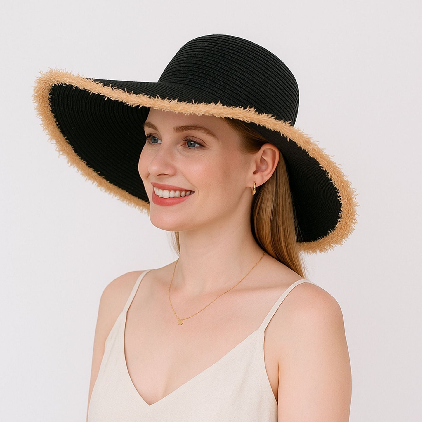 Anna-Kaci Wide Brim Straw Floppy Hat with Frayed Edges Lightweight Sun Protection for Beach Vacation Outdoor Travel Style