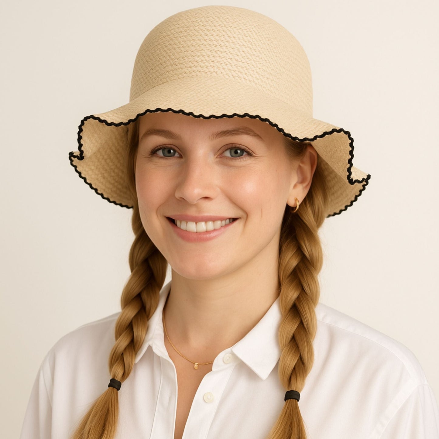 Anna-Kaci Women's Woven Floppy Bucket Hat with Scalloped Brim Edge Detail