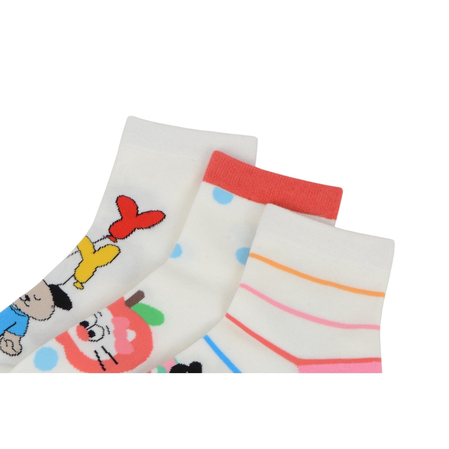 Anna-Kaci Renaissance Women 3-Pair Ankle Socks Set Assorted Patterns Featuring Colorblock, Cartoon Characters, and Butterfly Prints