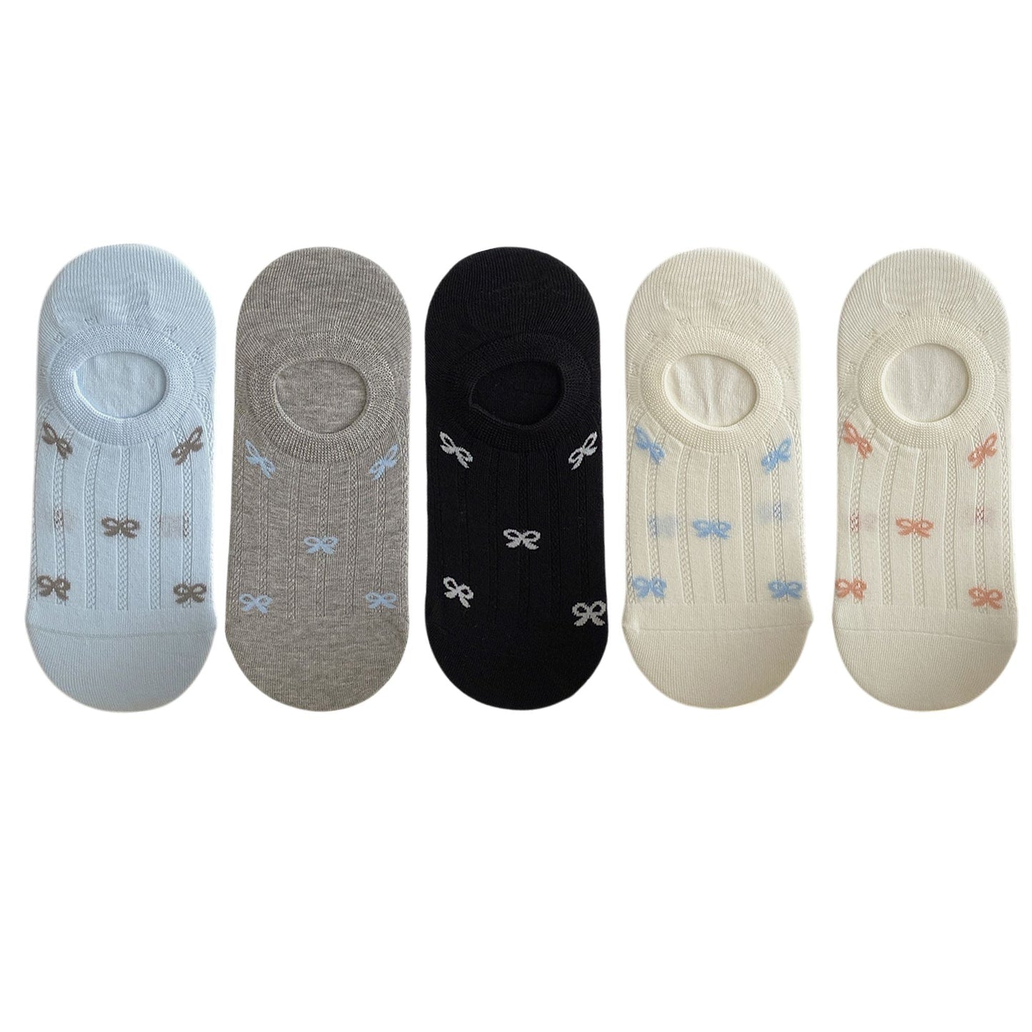 Anna-Kaci 5 Pairs Women's Bow Pattern Low Cut No Show Socks Breathable Mesh Knit Anti-Slip Design Multiple Color Options