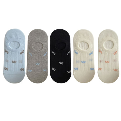 Anna-Kaci 5 Pairs Women's Bow Pattern Low Cut No Show Socks Breathable Mesh Knit Anti-Slip Design Multiple Color Options