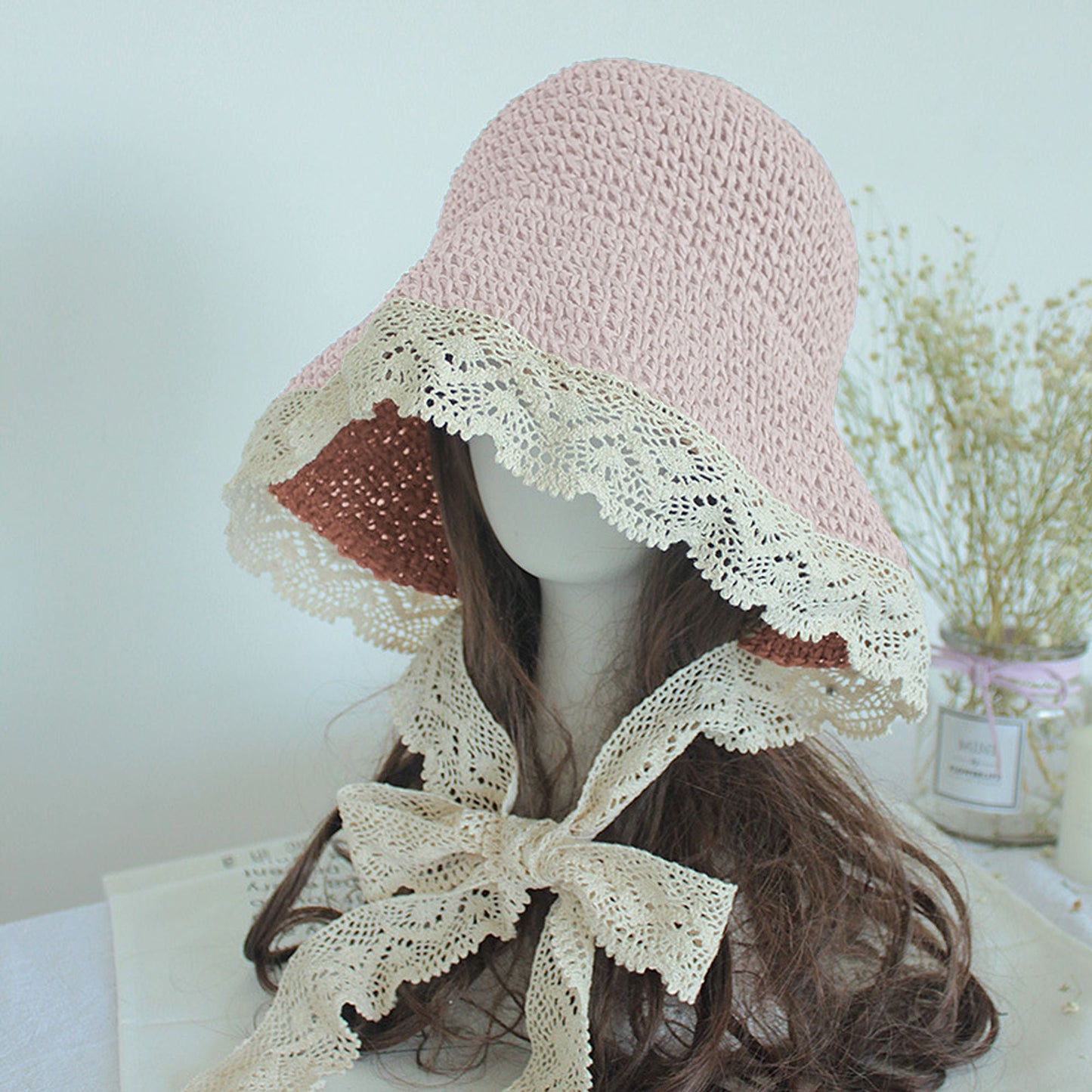 Anna-Kaci Women's Crochet Straw Hat with Lace Trim and Bow Detail