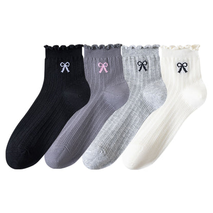 Anna-Kaci Women's 4-Pair Pack Sheer Ribbed Ankle Socks with Ruffled Trim and Embroidered Bow Detail in Multiple Color Combinations