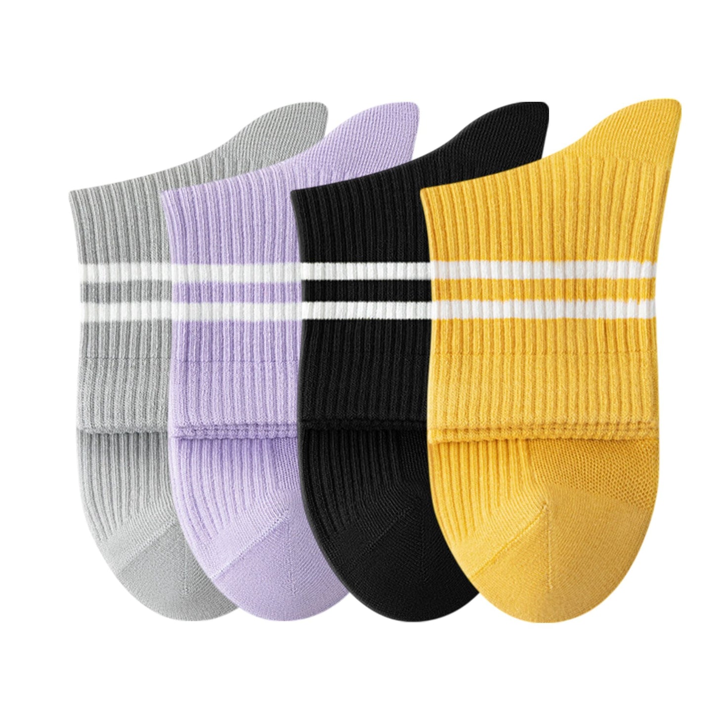 Anna-Kaci Womens Athletic Crew Socks 4-Pack Ribbed Knit Design Contrast Double Stripe Stretch Comfort Everyday Fit