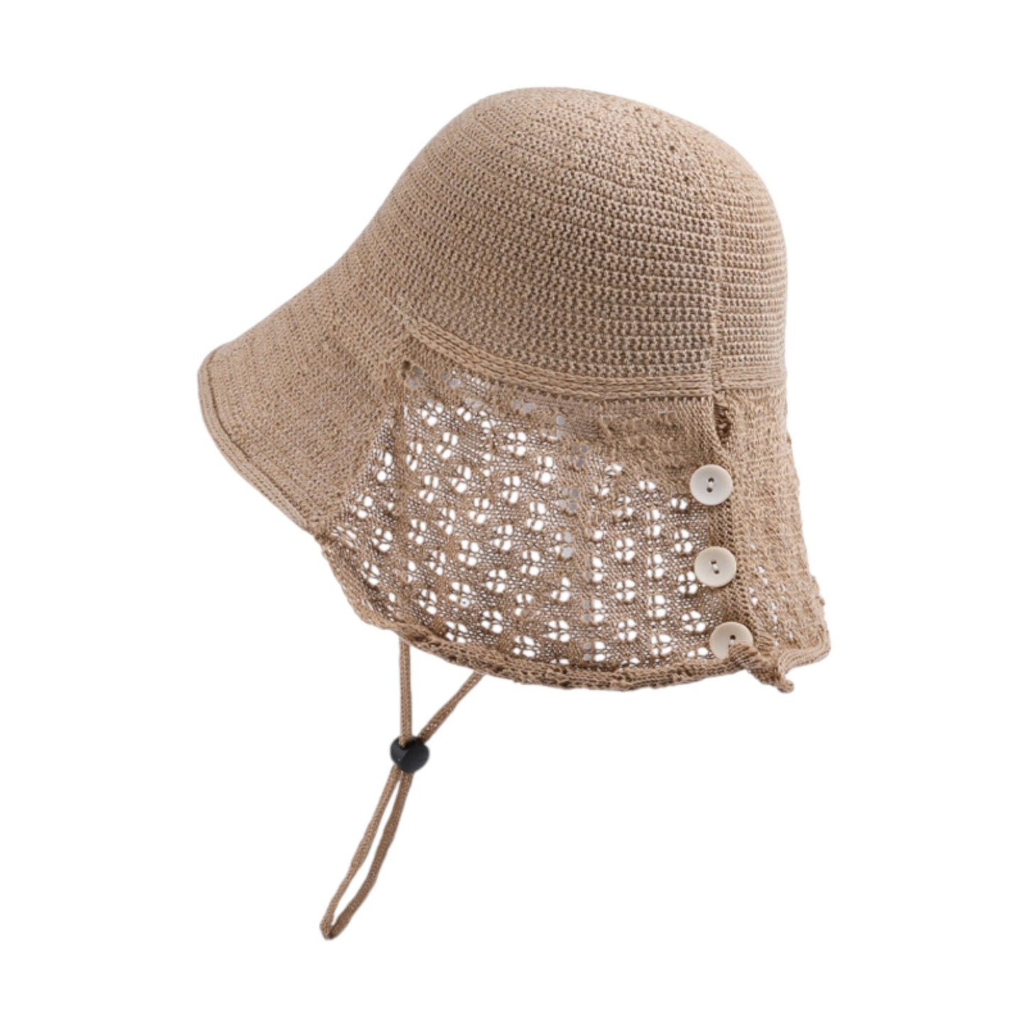 Anna-Kaci Crochet Bucket Hat with Adjustable Chin Strap and Back Button Eyelet Panel for Sun Protection